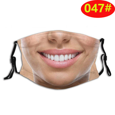 Novelty face mask with a realistic print of a smiling man's lower face and a prominent brown mustache. - Image 22