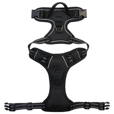Red and black dog harness with reflective strips, adjustable straps, and a top handle for secure pet control. - Image 9