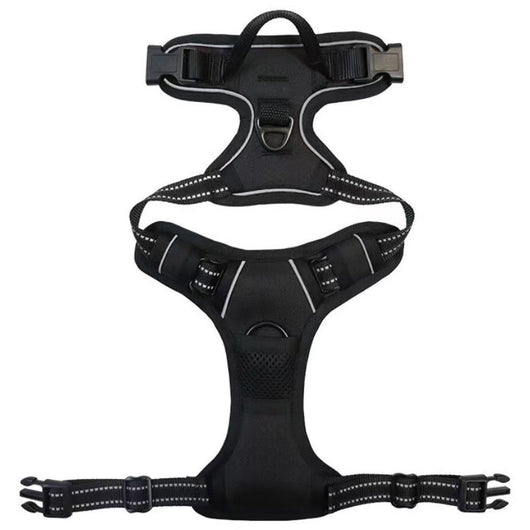 Red and black dog harness with reflective strips, adjustable straps, and a top handle for secure pet control. - Image 9