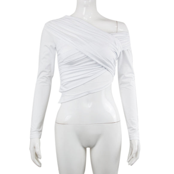 Blusa de Manga Larga con Pliegues Diagonales Estilo Europeo