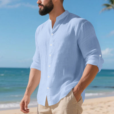Conjunto de Camisa de Lino con Cuello Mao y Pantalón Holgado para Hombre - Image 14
