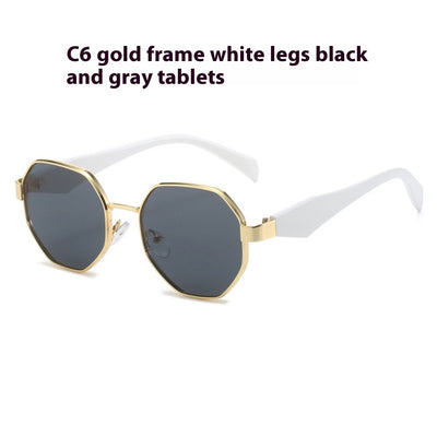 Polygonal sunglasses with a gold metal frame, beige temples, and dark black-gray lenses on a white background. - Image 8