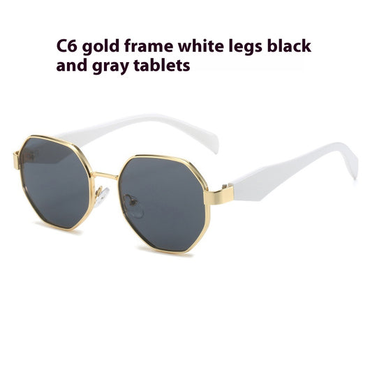 Polygonal sunglasses with a gold metal frame, beige temples, and dark black-gray lenses on a white background. - Image 8