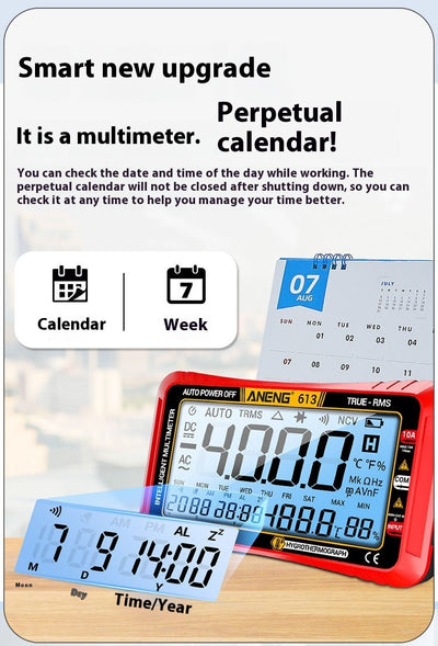 Multímetro Digital 3 en 1 con Pantalla Completa: Calendario, Temperatura y Humedad - Image 13