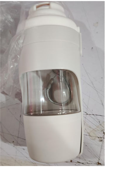 White 2-in-1 travel dog water bottle and food dispenser with a clear compartment and gray lanyard for pets. - Image 27