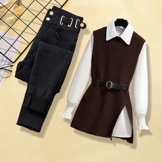 Conjunto de 3 Piezas: Chaleco Tejido, Camisa y Jeans para Mujer - Image 9