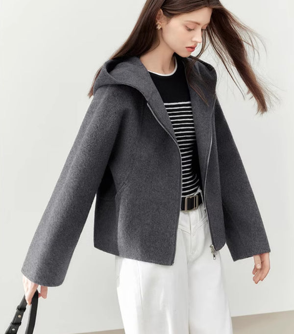 Abrigo Corto de Lana Reversible para Mujer - Gris Elegante