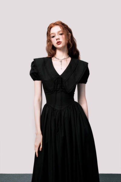 Vestido Negro Elegante con Cuello V y Mangas Abullonadas Estilo Francés - Image 2