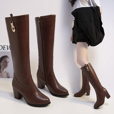 Botas Altas Negras de Tacón Grueso Punta Fina - Estilo Knight Versátil - Image 10