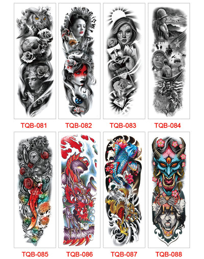 Full arm temporary tattoo sticker with a black, red, and light blue tribal design, featuring abstract shapes and patterns. - Image 59
