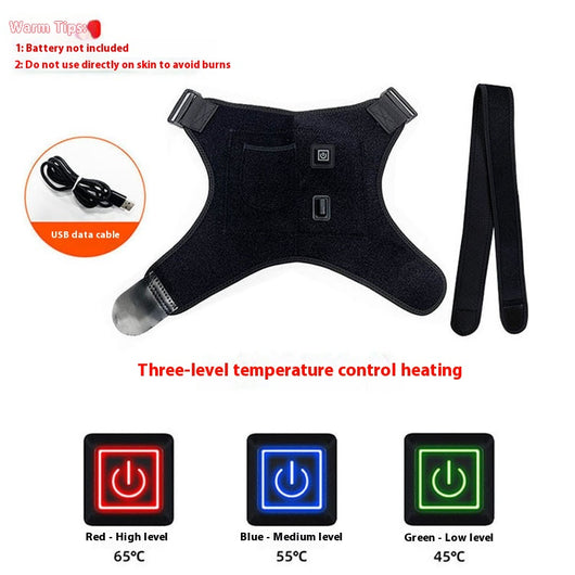 Man wearing a black electric heating shoulder pad with adjustable straps for therapeutic warmth and support. - Image 11