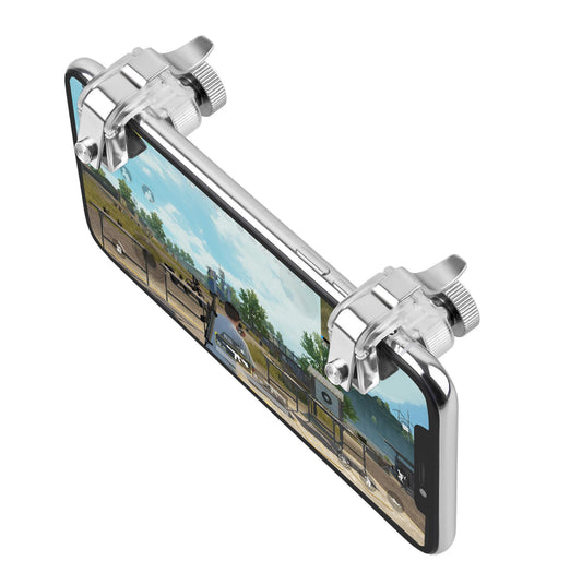 Pair of clear mobile game trigger buttons with silver levers and a clear plastic box on a dark textured surface. - Image 2