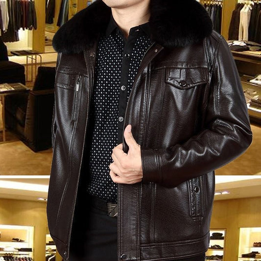 Chaqueta de Cuero para Hombre con Cuello de Piel y Solapa Clásica