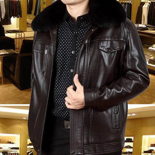 Chaqueta de Cuero para Hombre con Cuello de Piel y Solapa Clásica