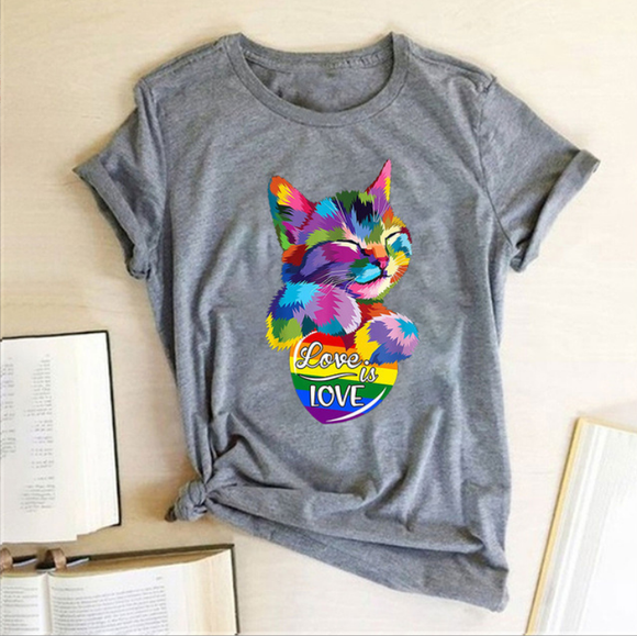 Playera Femenina Estampado Gato Colorido con Mensaje LOVE