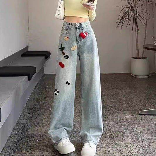 Pantalones Jeans Rectos Cintura Alta con Bordados para Mujer