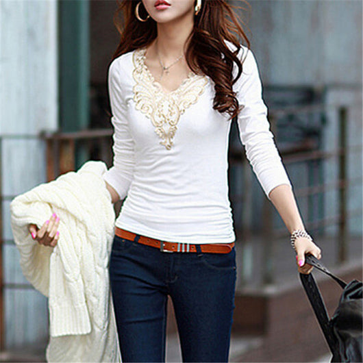 Blusa de Cuello V Manga Larga con Puntilla Elegante - Image 9