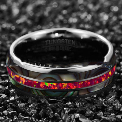 Anillo de Tungsteno con Concha de Abulón Magenta Profundo y Ópalo - Image 3
