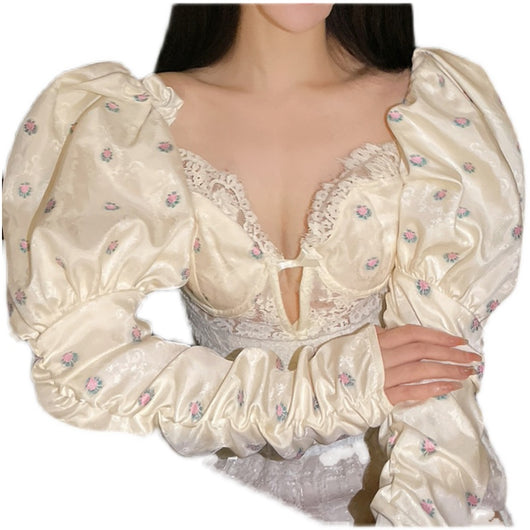 Blusa Elegante de Encaje con Mangas Abullonadas Estampado Floral - Image 7