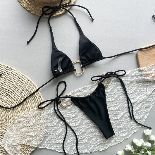 Bikini Entallado de Color Liso con Lazos Ajustables - Image 23