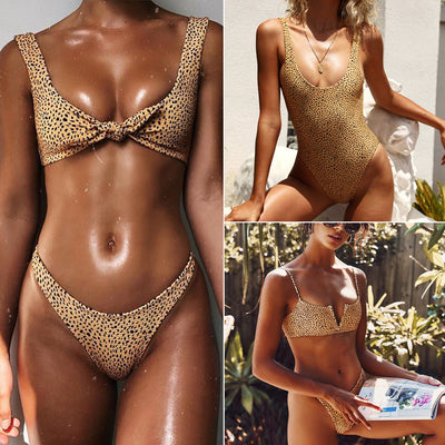 Woman in a yellow and black leopard print bikini with a knotted front top and high-cut bottoms, posing outdoors. - Image 10