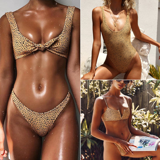 Woman in a yellow and black leopard print bikini with a knotted front top and high-cut bottoms, posing outdoors. - Image 10