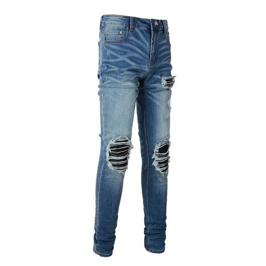 Jeans Vintage Desgastados con Parches de Cuero y Diseño Patchwork para Hombre - Image 3