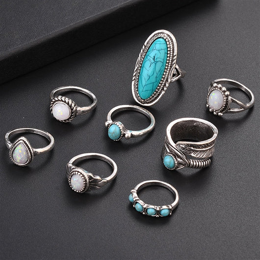 Anillo de Ocho Piezas con Gema y Hoja Geométrica - Image 10