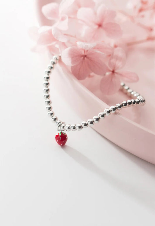 Pulsera de Plata S925 con Dije de Fresa Lacado Estilo Coreano - Image 6