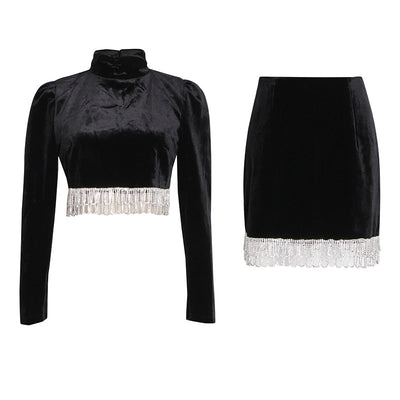 Blusa Ante Cuello Alto con Flecos y Falda Cadera - Image 8