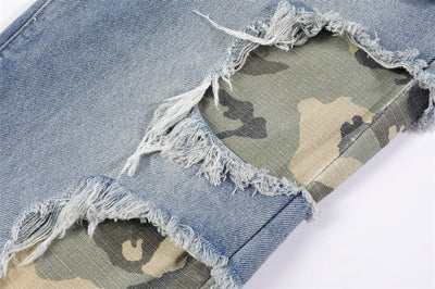 Pantalones Rectos de Camuflaje con Parches y Flecos Rotos para Hombre - Image 15