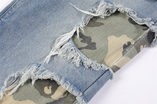 Pantalones Rectos de Camuflaje con Parches y Flecos Rotos para Hombre - Image 15