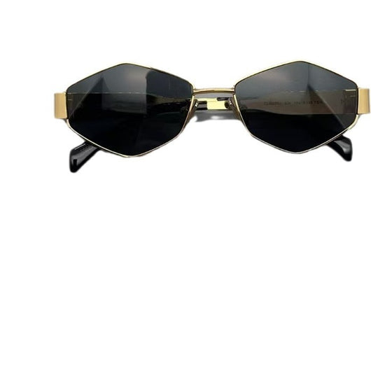 Gold metal polygon sunglasses with dark lenses, displayed with a white authenticity card and black case. - Image 5