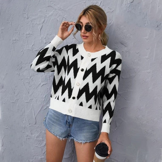 Suéter Chaqueta Manga Larga con Cuello Redondo y Contraste de Colores