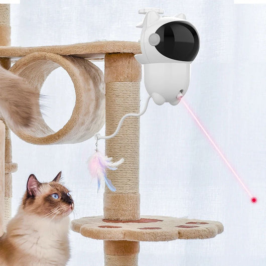 White cat-shaped intelligent laser toy with a black visor and a colorful feather wand attachment for pets. - Image 6