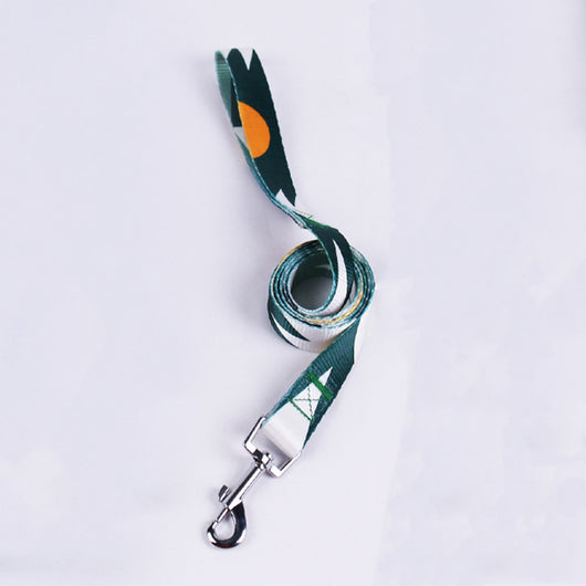 Pink, black, and white patterned polyester dog leash with a silver metal swivel snap hook, coiled on a white background. - Image 15