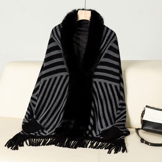 Poncho Tejido de Rayas Otoño Invierno con Flecos Elegante - Image 16