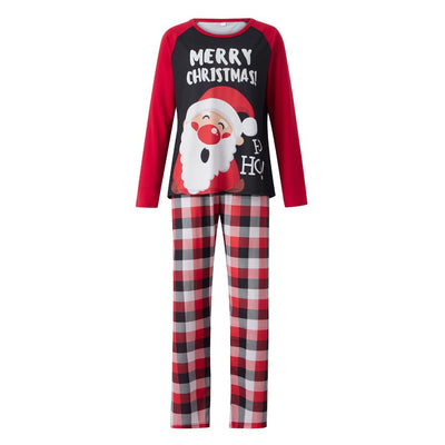 Family matching Christmas pajamas with Santa Claus graphic and "Merry Christmas!" text on black and red tops, paired with red and black plaid pants. - Image 3