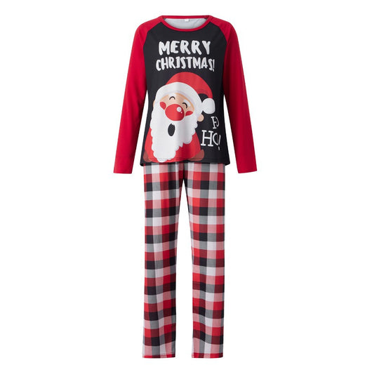 Family matching Christmas pajamas with Santa Claus graphic and "Merry Christmas!" text on black and red tops, paired with red and black plaid pants. - Image 3