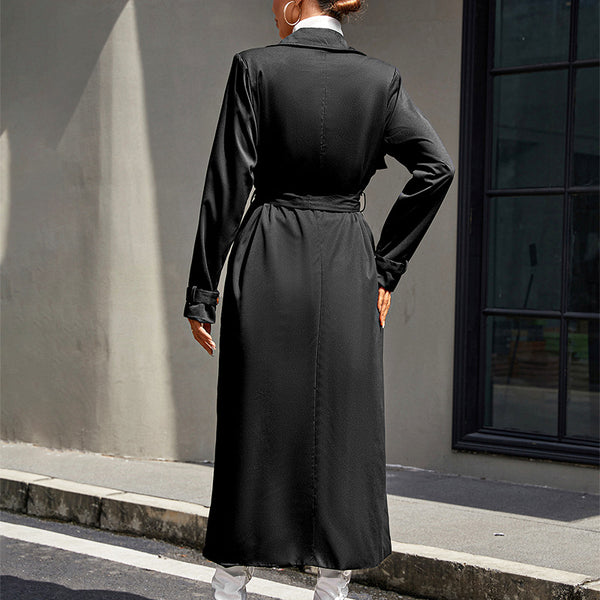 Abrigo Negro Elegante de Solapas Anchas con Cintura Ajustable