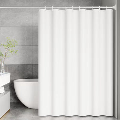 Transparent PEVA shower curtain with stainless steel grommets and hooks on a silver shower rod. - Image 4