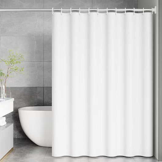 Transparent PEVA shower curtain with stainless steel grommets and hooks on a silver shower rod. - Image 4