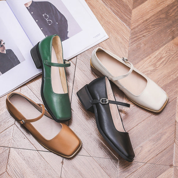 Zapatos Mary Jane de Cuero Vintage con Punta Cuadrada para Mujer