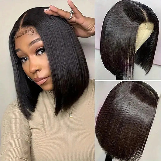 Peluca Frontal de Encaje Preajustada con Raya al Medio, Cabello Lacio Corto y Voluminoso