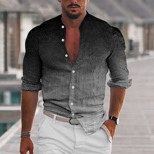 Camisa Casual de Manga Larga con Cuello de Pie Degradado para Hombre - Image 14