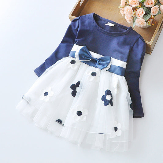 Vestido Infantil de Flores con Malla Puntitos Estilo Princesa