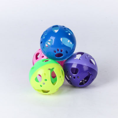 Colorful hollow plastic cat toy ball with purple, lime green, and blue sections, featuring a red bell inside. - Image 10