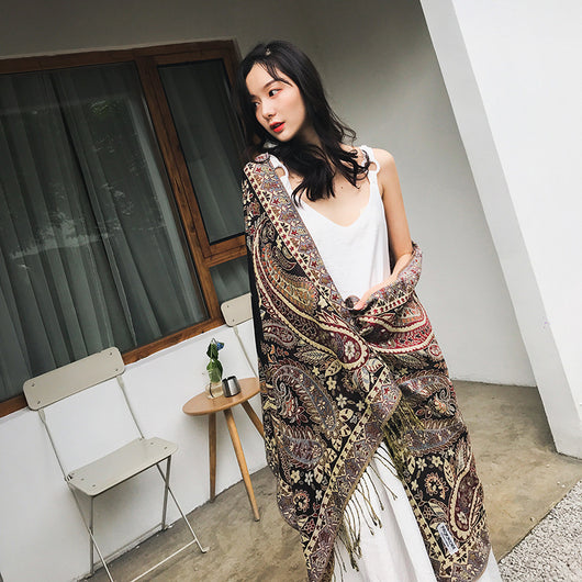 Bufanda Larga Étnica con Patrón de Anacardo - Chal Jacquard para Mujer - Image 3