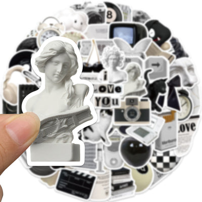 61 black and white aesthetic stickers featuring various objects like cameras, cats, skulls, and text for personalization. - Image 5