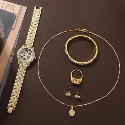 Reloj de Lujo con Patrón de Copo de Nieve y Juego de 5 Piezas en Strass - Image 4
